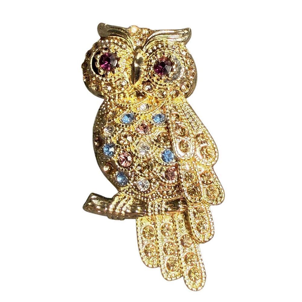 Monet Gold Tone Rhinestone Encrusted Owl Brooch Pin 2.25”